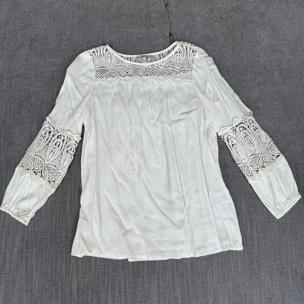 Joie Blouse Top Womens XXS White Crochet Lace Yoke Inset Bohemian Cottagecore
